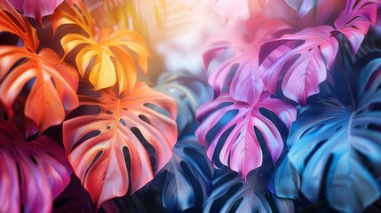 Tender Rainbow-Colored Monstera Illustration with Romantic Expressions on White Background Generative AI