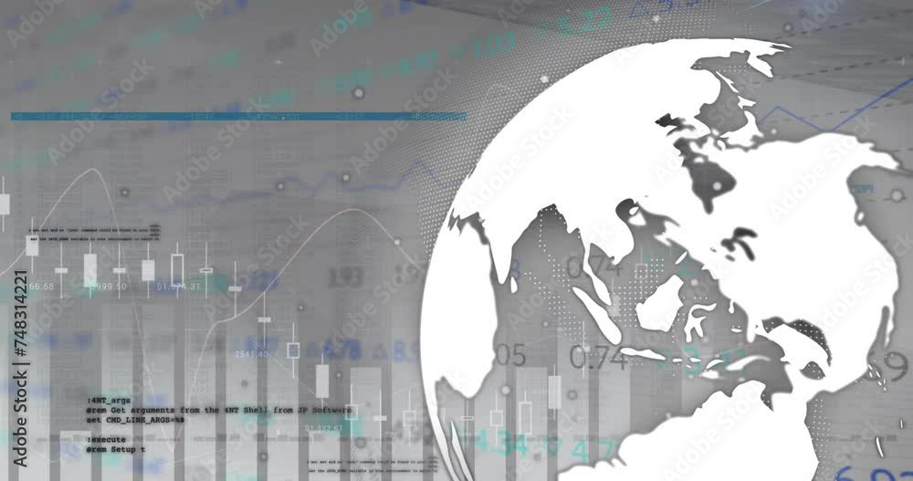 Poster animation of financial data processing over globe