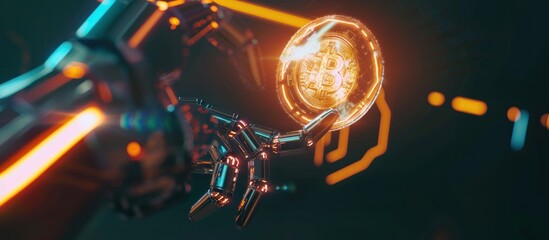 Robotic hand interacts with a glowing Bitcoin