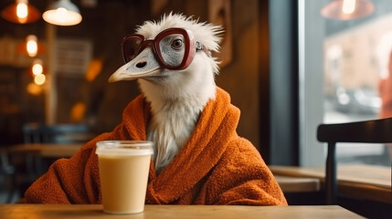 A anthropomorphic hipster goose in glasses and a suit drinks coffee in a cafe. 