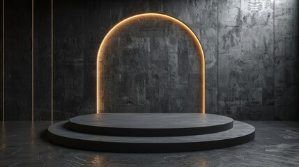 Sleek Black Podium in a Dark Space with Ambient Light Generative AI
