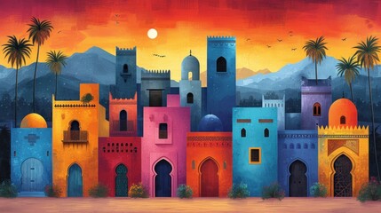 a painting of a cityscape with mountains in the background and palm trees in the foreground and a full moon in the sky.