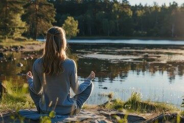 Young woman practicing mindfulness and meditation at a tranquil lakeside Symbolizing peace Focus And self-improvement in natural surroundings