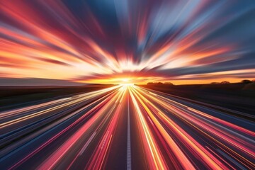 Dynamic image of a semi-truck speeding down a highway at sunset Symbolizing efficient logistics and cargo transport