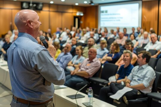 Dynamic corporate speaker engaging with audience during a professional workshop Showcasing public speaking skills and industry knowledge