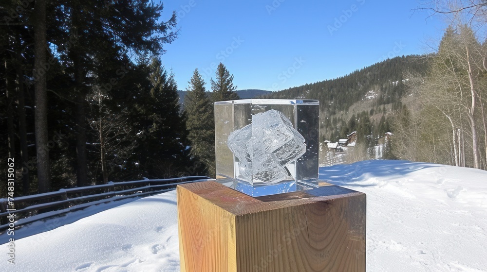 Poster a block of ice sitting on top of a wooden block in the middle of a snow covered field next to a fore