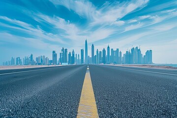 Empty urban road leading towards a bustling city skyline Symbolizing opportunity and progress