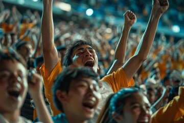 Excited football fans cheering in a stadium Capturing the passion and energy of sports enthusiasts supporting their team during a night match. - obrazy, fototapety, plakaty