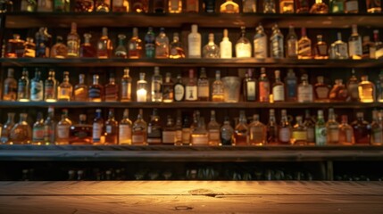 a wooden table sitting in front of a shelf filled with bottles of different types of liquor on top of a wooden shelf.