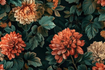 Fantasy vintage wallpaper with a bunch of botanical flowers. elegant and timeless floral print for digital backgrounds and prints - obrazy, fototapety, plakaty