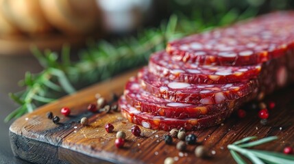 A wooden cutting board topped with slices of meat