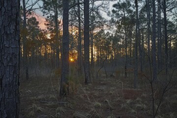 Forest at dawn Capturing the serene beauty and the first light of day peering through the trees