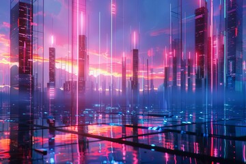 Futuristic abstract neon landscape With vibrant pink and blue hues creating an otherworldly digital realm