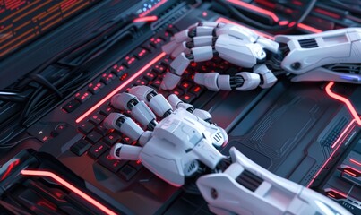 Futuristic AI robot hands typing on a computer