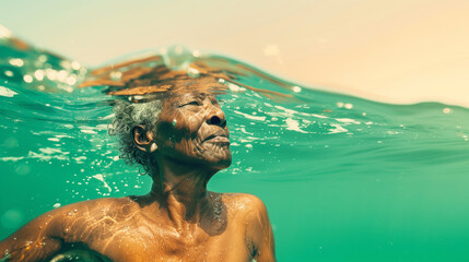 Longevity, healthy lifestyle. Elderly african american woman swimming underwater.