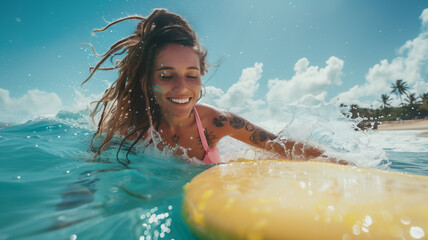 Surfboarding. Summer sports activities, recreational beach holidays. Young caucasian woman with dreadlock is surfing.