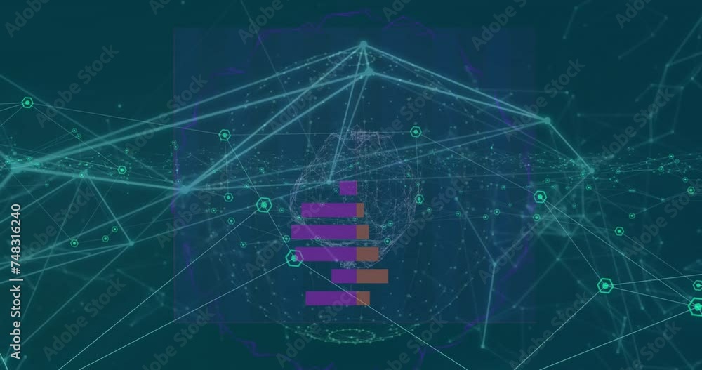 Poster animation of data processing and network of connections over globe