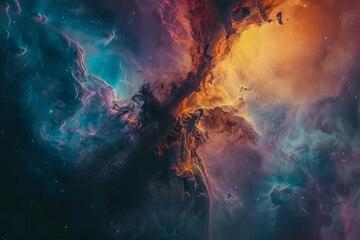 Illustration of an interstellar cloud with vibrant colors and cosmic elements Creating a mesmerizing space nebula scene - obrazy, fototapety, plakaty