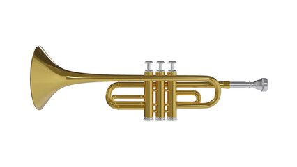 Brass trumpet isolated on transparent and white background. Music concept. 3D render