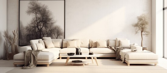 A modern living room featuring a white couch and a painting hanging on the wall. The room is designed with a light Scandinavian aesthetic, creating a stylish and inviting atmosphere.