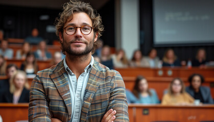 Fototapeta premium Expert delivers talk, surrounded by audience, conference room backdrop