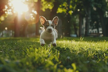 Joyful puppy enjoying a sunny day in the park Its playful spirit captured as it runs freely on the green grass