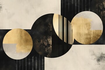 Luxurious abstract art design featuring geometric shapes in a sleek monochrome palette Highlighted by metallic accents for a modern minimalist aesthetic