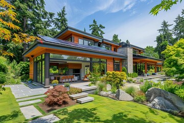 Obraz premium Modern eco-friendly home with a sleek design Featuring rooftop solar panels and surrounded by a lush green landscape Emphasizing sustainability and clean energy