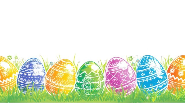 a row of colorful easter eggs sitting on top of a green grass covered field with a white space in the middle.