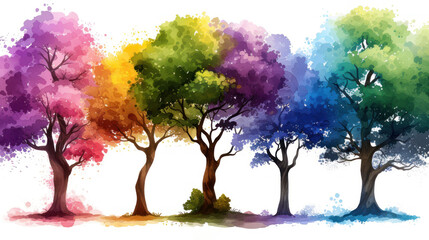 a set of four trees painted in different colors of the same shade of green, yellow, purple, and red.