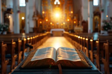 Fototapeta premium Open bible with radiant light emanating from the pages Placed on an altar in a serene church setting Symbolizing divine inspiration and faith.