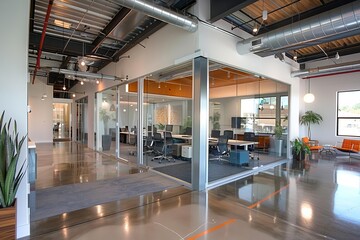 Open plan office space designed with modern aesthetics and glass partitions Promoting transparency and collaboration
