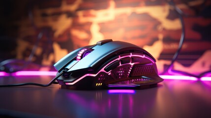 Gaming mouse on table with light background and blurred image.
