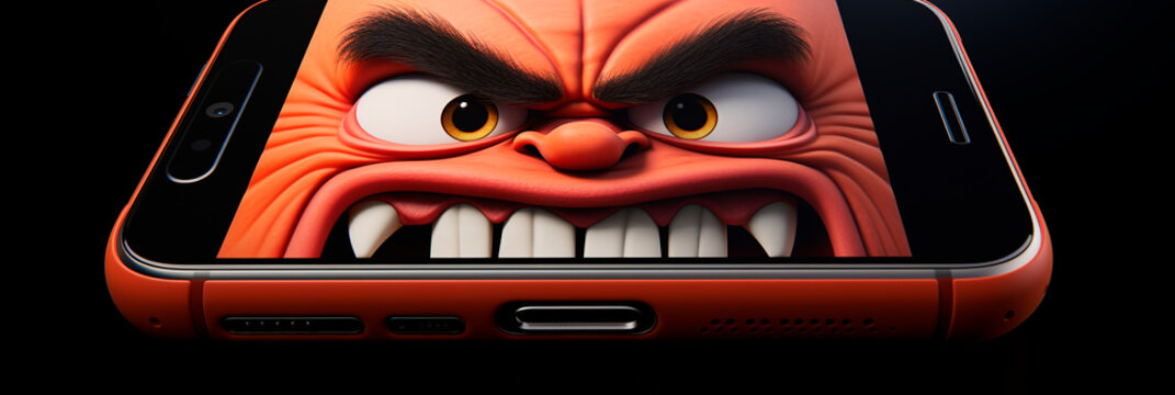 Banner with Smartphone screen with an angry face. Unfriendly interface. Personal digital assistant