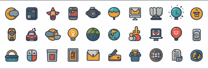Set of Icons with White Background for Various Areas. IT, Vehicles, Real Estate, Nature, Food, Drinks, Electronics, 3D Objects, Medicine, Social Networks.