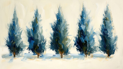 a painting of a row of trees on a snow covered field with a blue sky in the background and a white sky in the foreground.