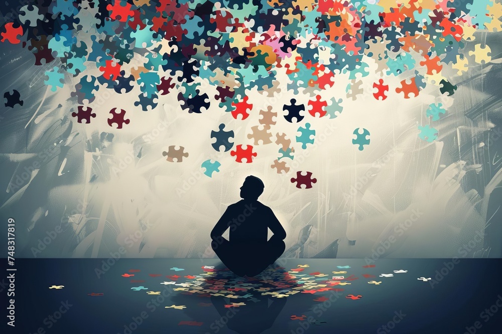 Poster silhouette of a thinker surrounded by floating puzzle pieces symbolizing creative problem solving in