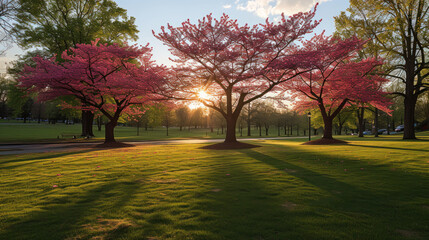 a park filled with lots of green grass and lots of trees with pink flowers on the tops of their leaves.