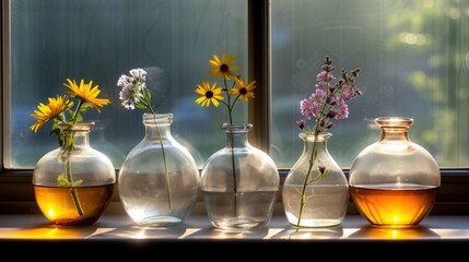 a group of vases sitting on top of a window sill next to a window sill filled with flowers.