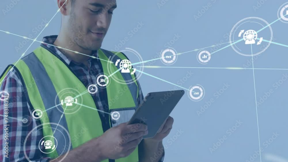 Poster animation of network of connections with globe over caucasian male engineer using tablet