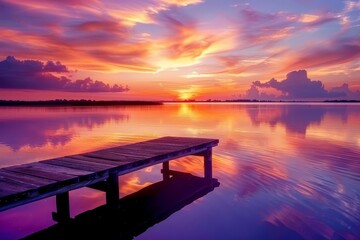 Tranquil sunset scene over a calm lake The sky painted with hues of orange and purple Reflecting on...