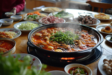 A plate of hot pot, one of the most popular dishes in China, especially in Sichuan Province - obrazy, fototapety, plakaty