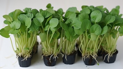 a group of small black pots filled with green sprouts on top of a white counter top next to each other.
