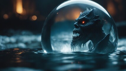 highly intricately photograph of The dragon demon  in an image of the monster on a black background in a crystal ball 