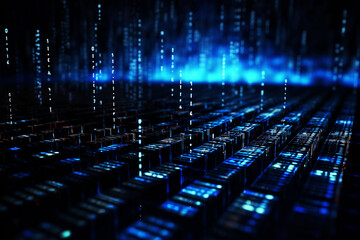 Obraz premium Binary matrix background. Falling digits on dark backdrop. Running random numbers. Abstract data concept. Blue futuristic cyberspace.