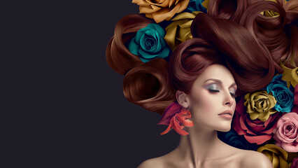 An elegant lady poses with elaborate floral hair and makeup. Big volume hair.