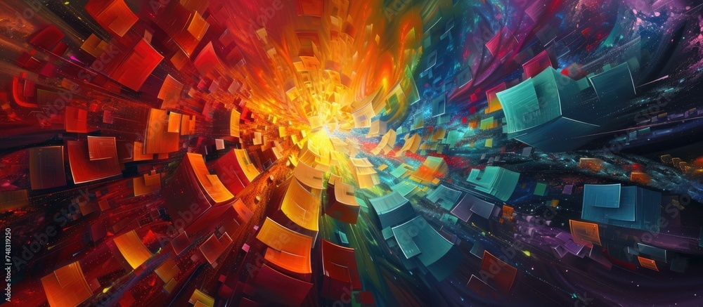 Poster this abstract painting features a vibrant explosion of colorful blocks, creating a dynamic and energ