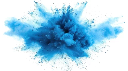 Gordijnen Abstract blue dust explosion on white background, Freeze motion of blue powder exploding © Anzhela