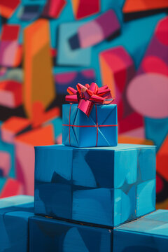 A playful and eye-catching image showcasing a gift box with a vibrant red bow on a background of multicolored geometric shapes. Birthday or Christmas concept.