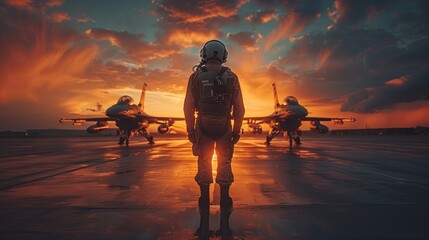 Pilot and jets against sunset sky - obrazy, fototapety, plakaty
